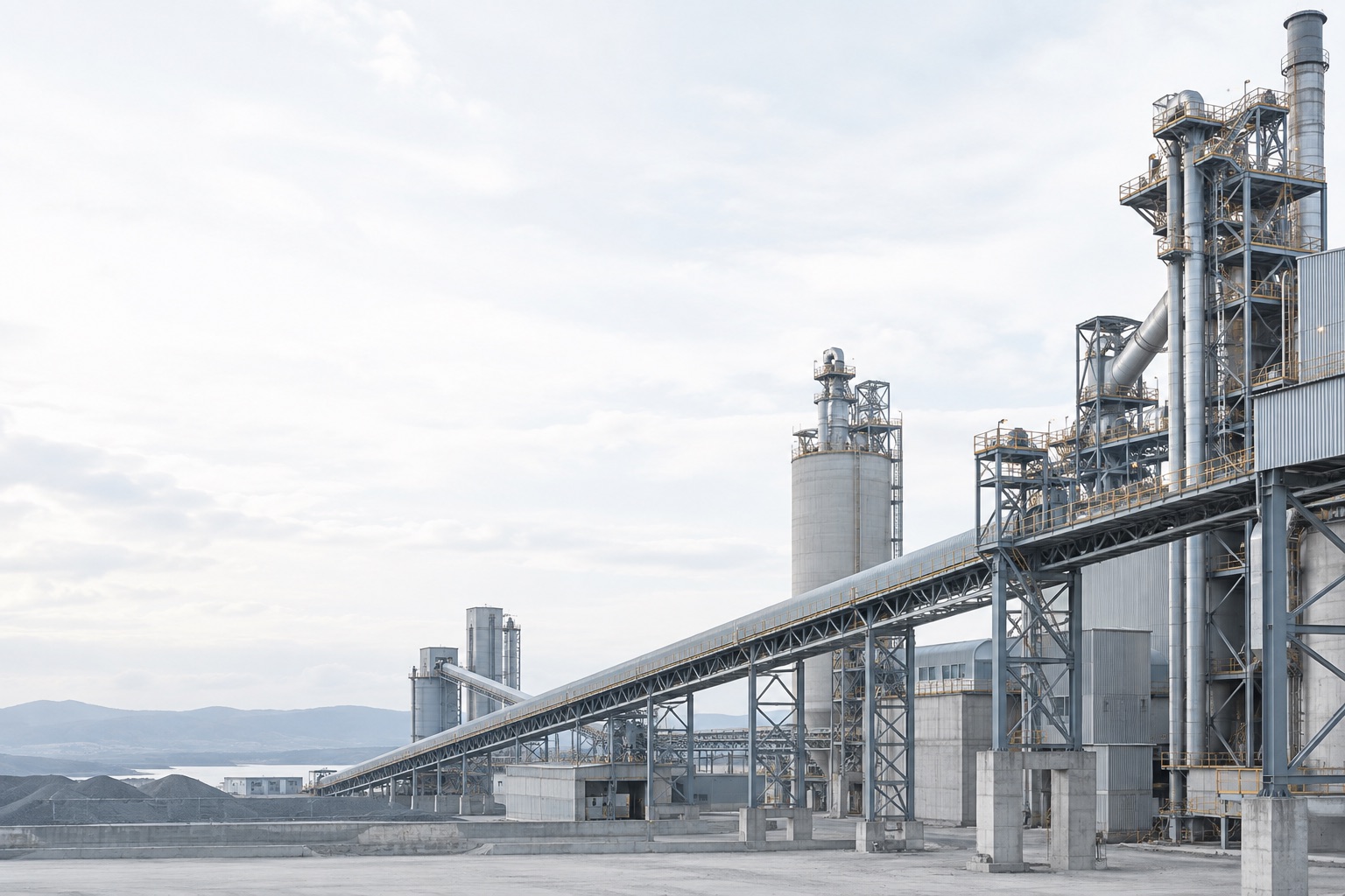 Industrial plant structure with conveyors and process towers